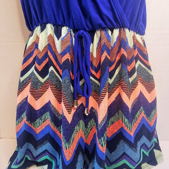 Y2K EMERALD SURPLICE ROMPER ROYAL BLUE KNIT CHEVRON SHORT SZ L 3" INSEAM - Picture 3 of 11
